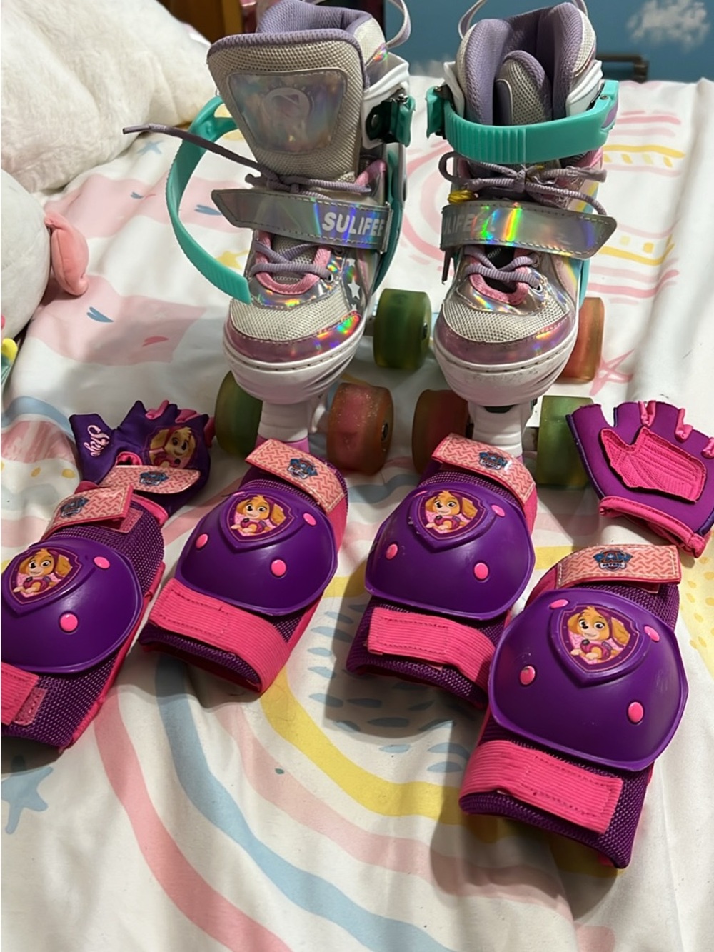 Colorful Purple & Pink Kids Roller Skates with Matching Protective Set
